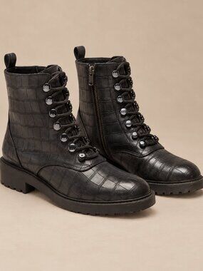 Croc Embossed Combat Boots Lace Up Zip Linea Paolo Black 9.5